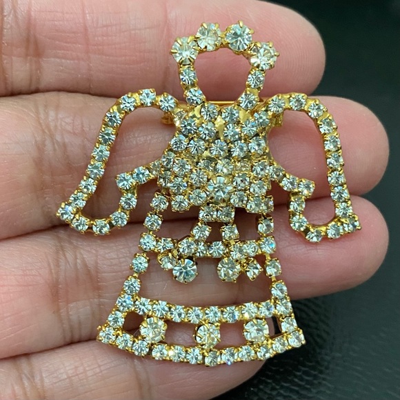 Vintage Unsigned Pave Rhinestones Crystal Gold-tone Angel Christmas Brooch - Picture 8 of 11